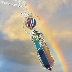 Rainbow Titanium Aura Quartz Crystal Necklace, Wire Wrapped Crystal Necklace